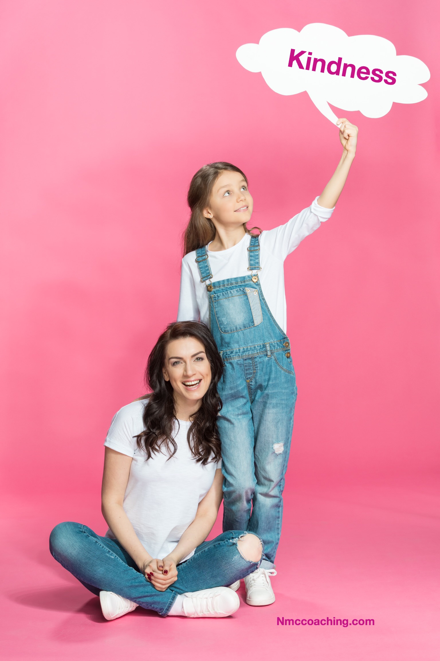 Mother and daughter with a speech bubble that reads, kindness.